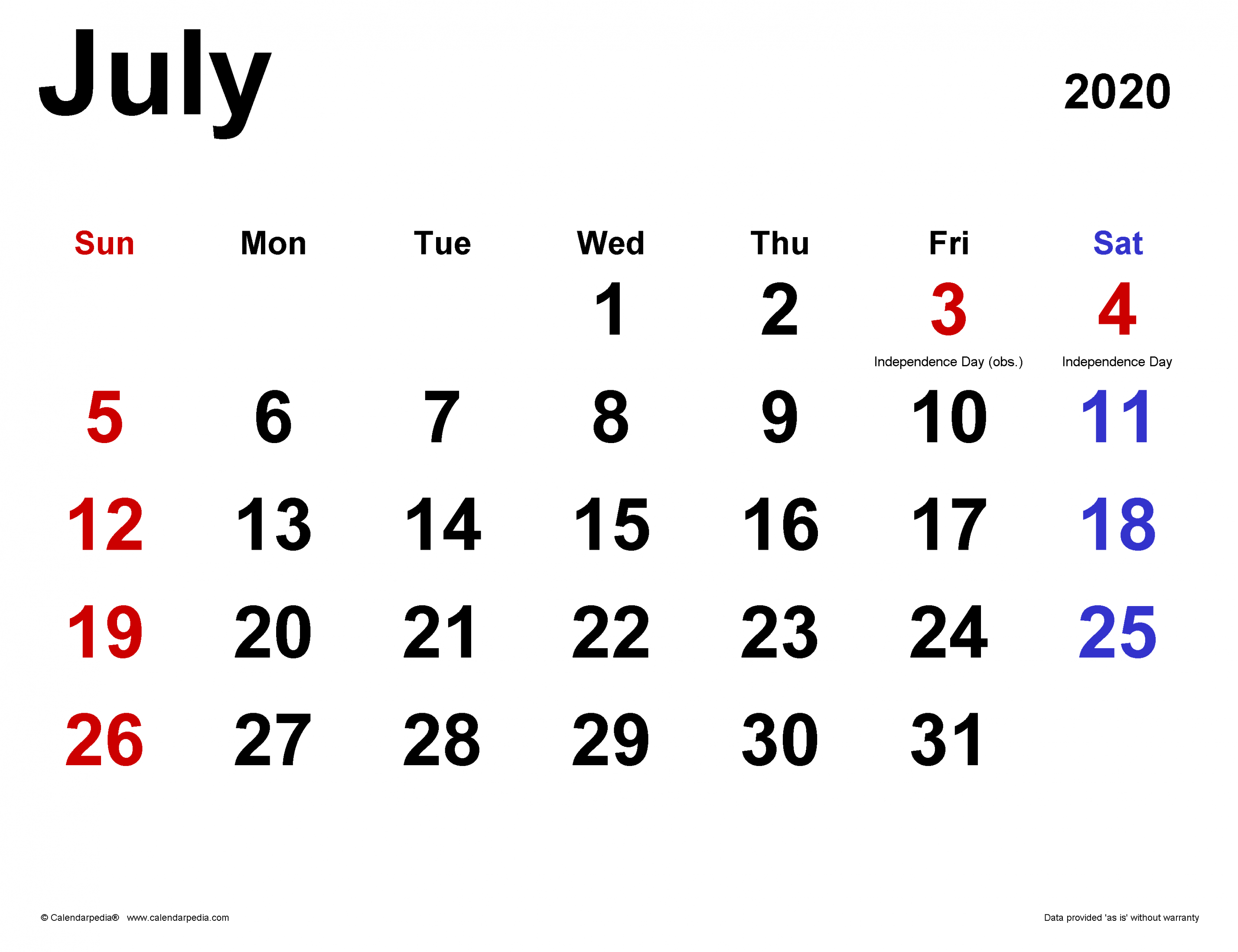 July  Calendar  Templates for Word, Excel and PDF