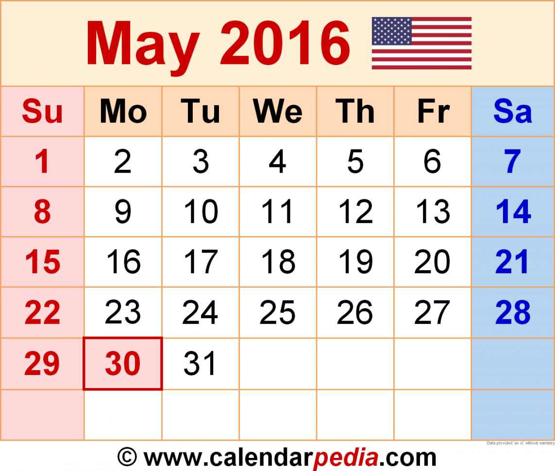 May  Calendar  Templates for Word, Excel and PDF