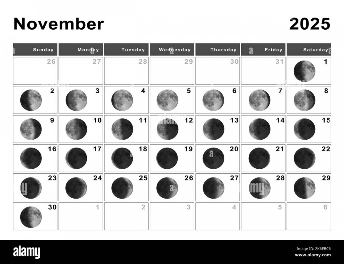 November  Lunar calendar, Moon cycles, Moon Phases Stock Photo