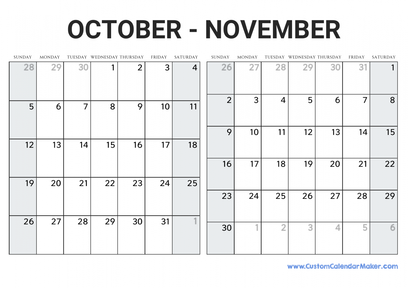 October and November  Printable Calendar Template