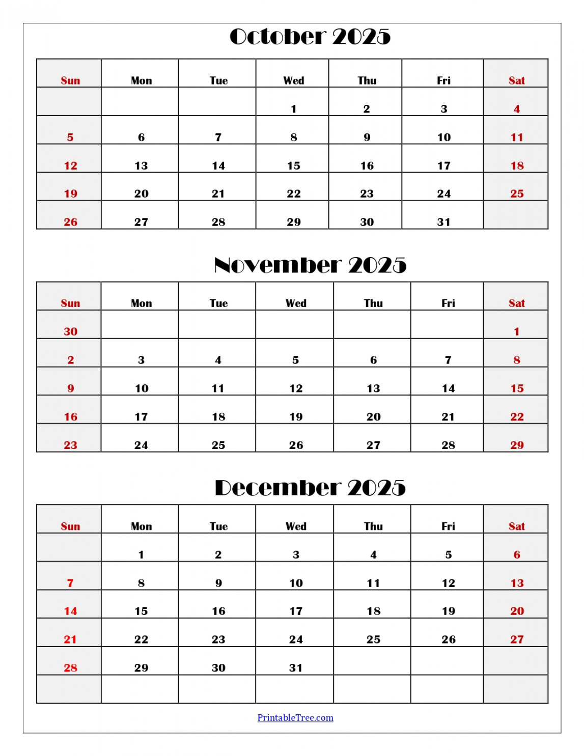 October to December  Calendar Printable PDF  Three Months