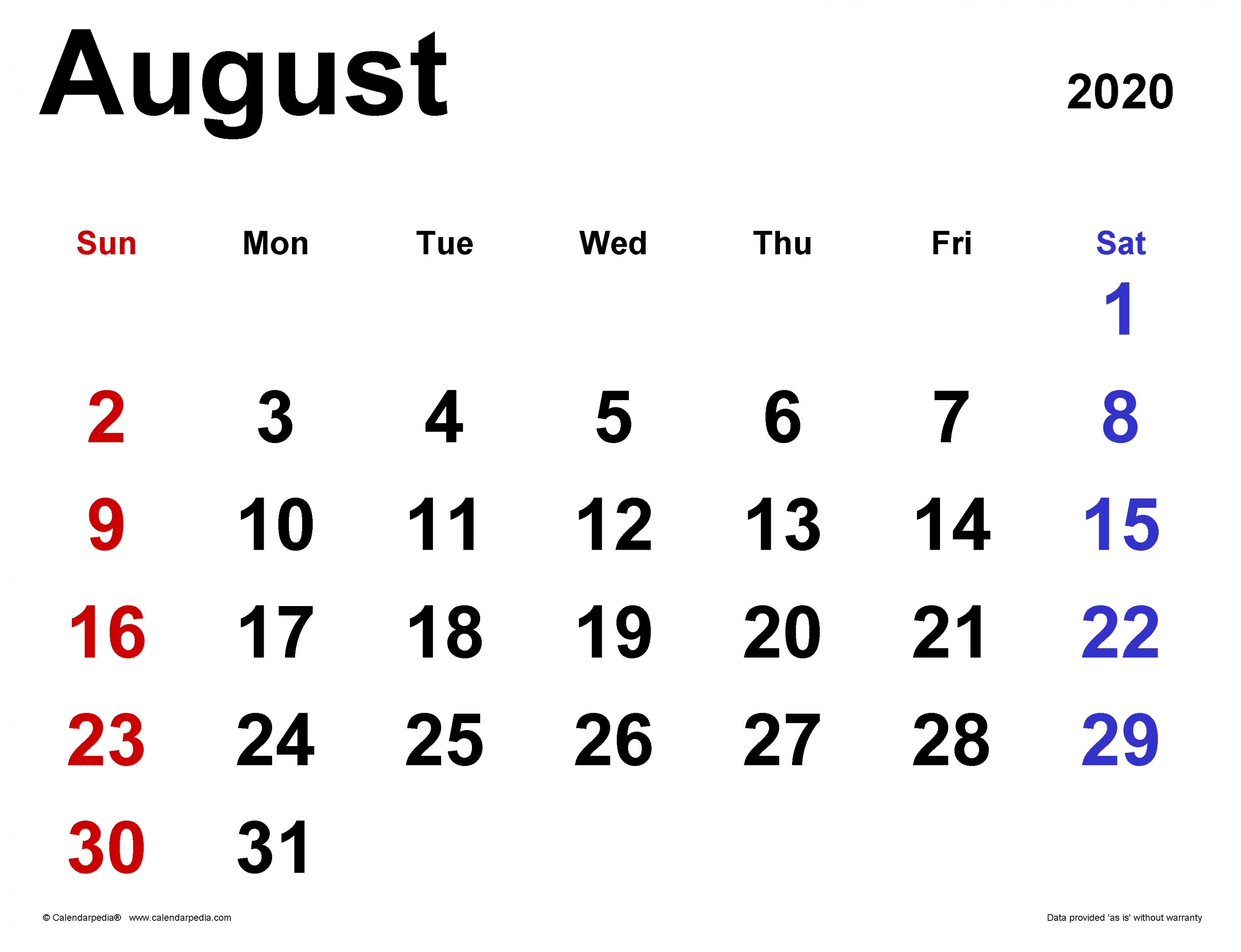 August  Calendar  Templates for Word, Excel and PDF