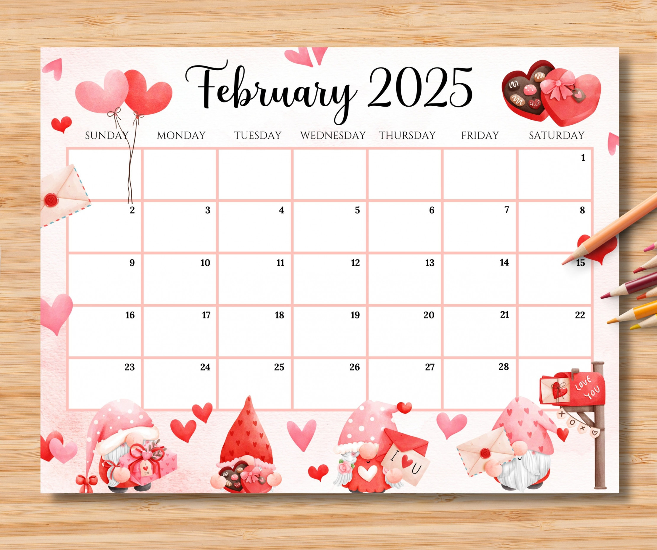 EDITABLE February  Calendar, Sweet Valentine  With Cute