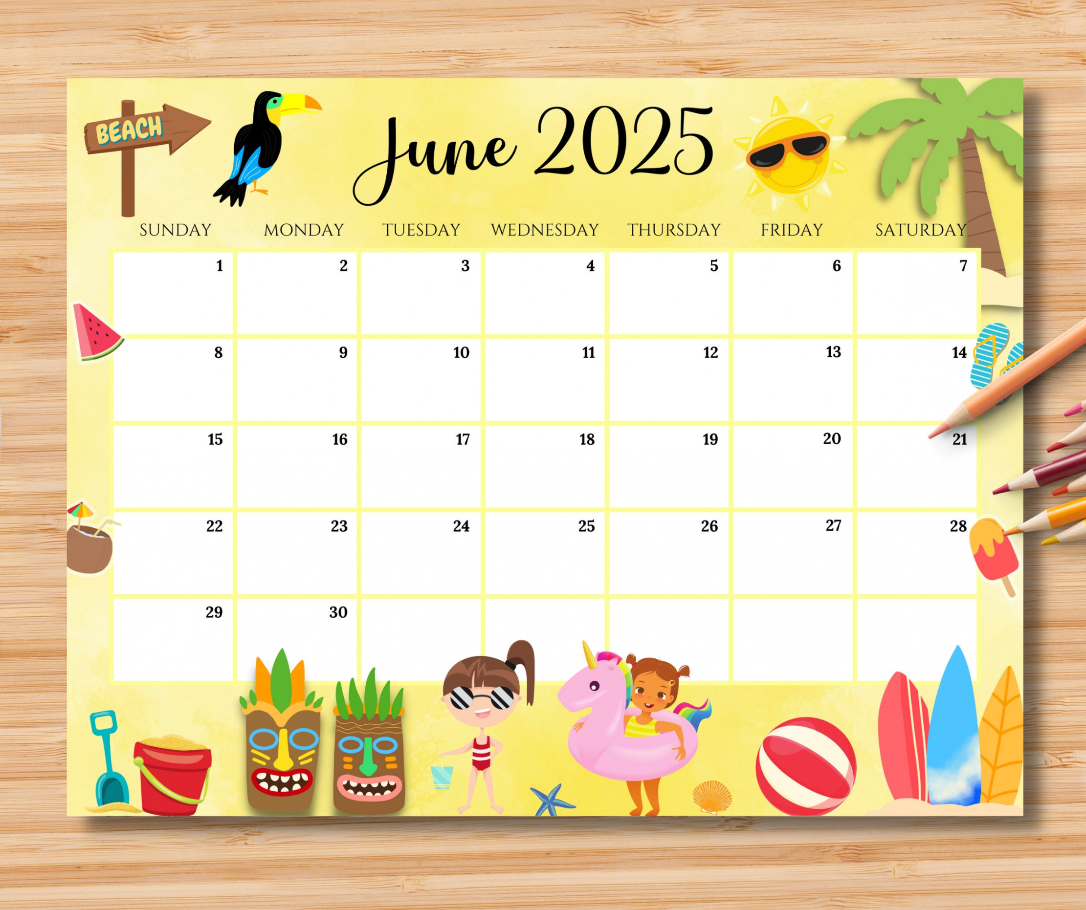 EDITABLE June  Calendar, Joyful & Colorful Summer at the Beach