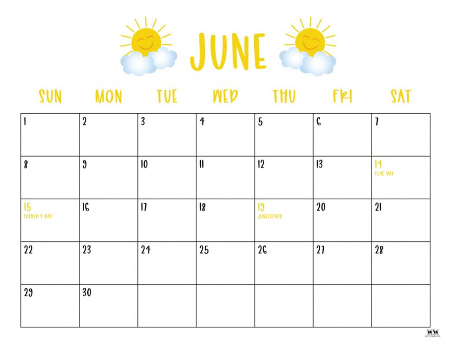 June  Calendars -  FREE Printables  Printabulls