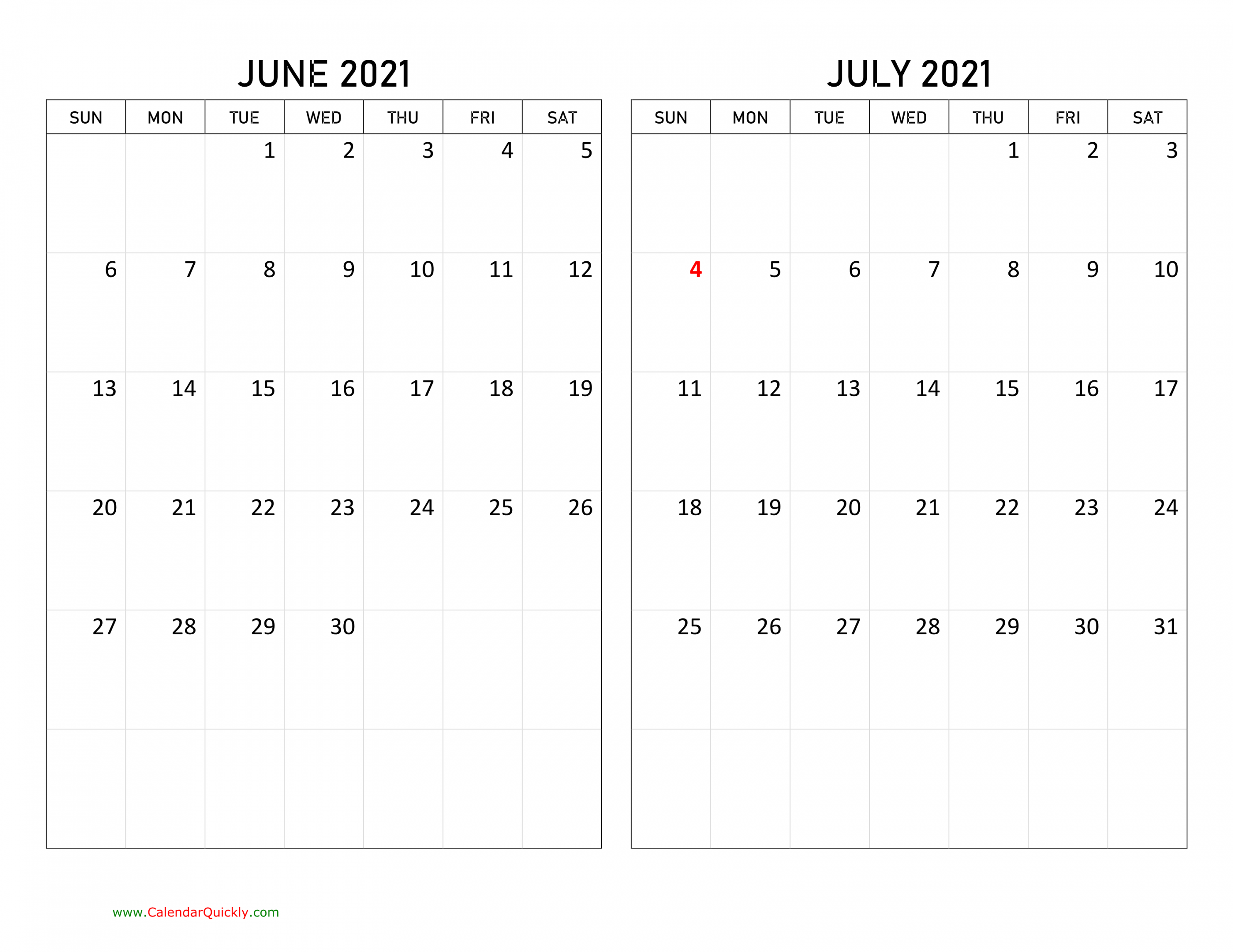 June and July  Calendar  Calendar Quickly