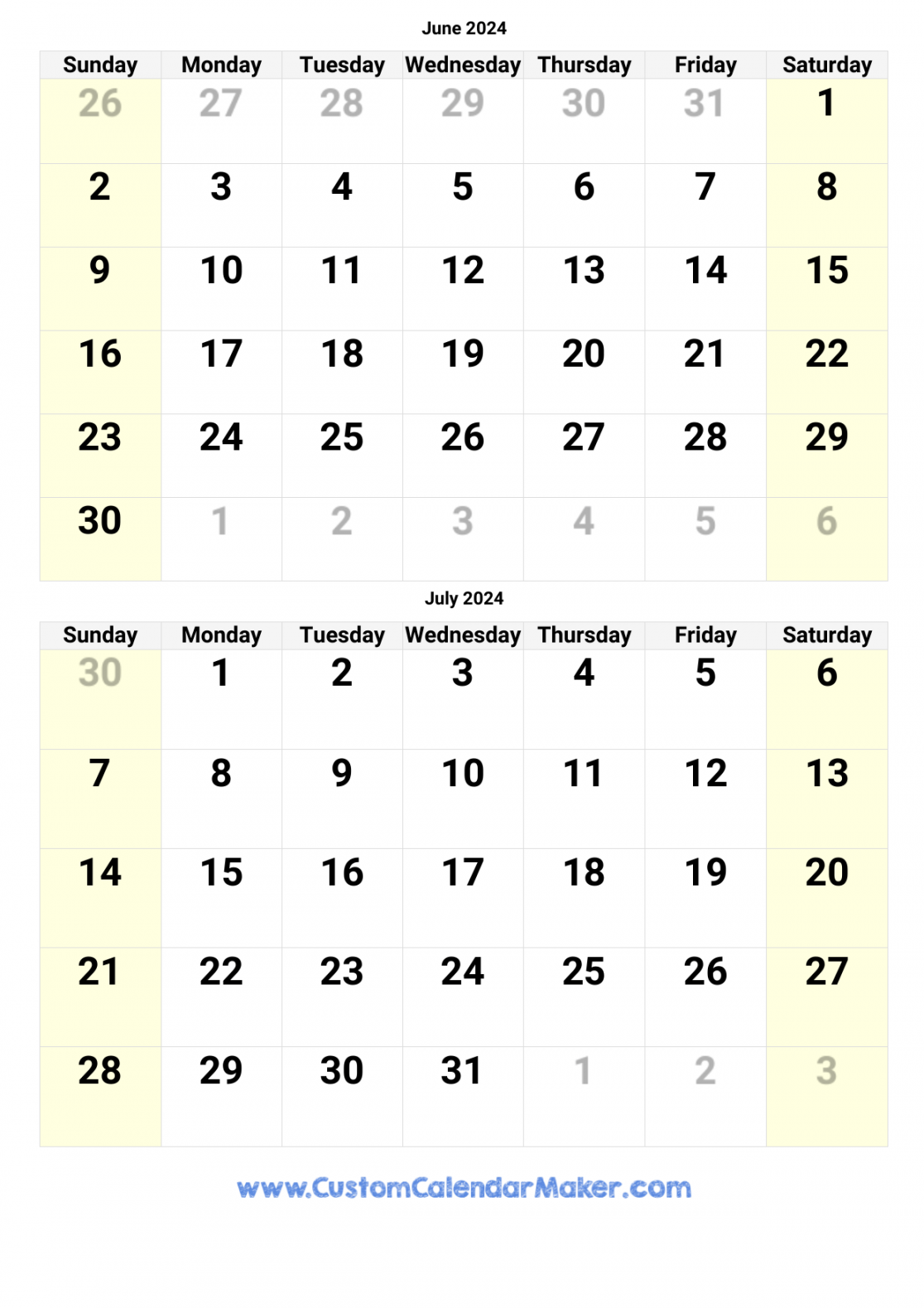 June and July  Calendar  Custom Calendar Maker